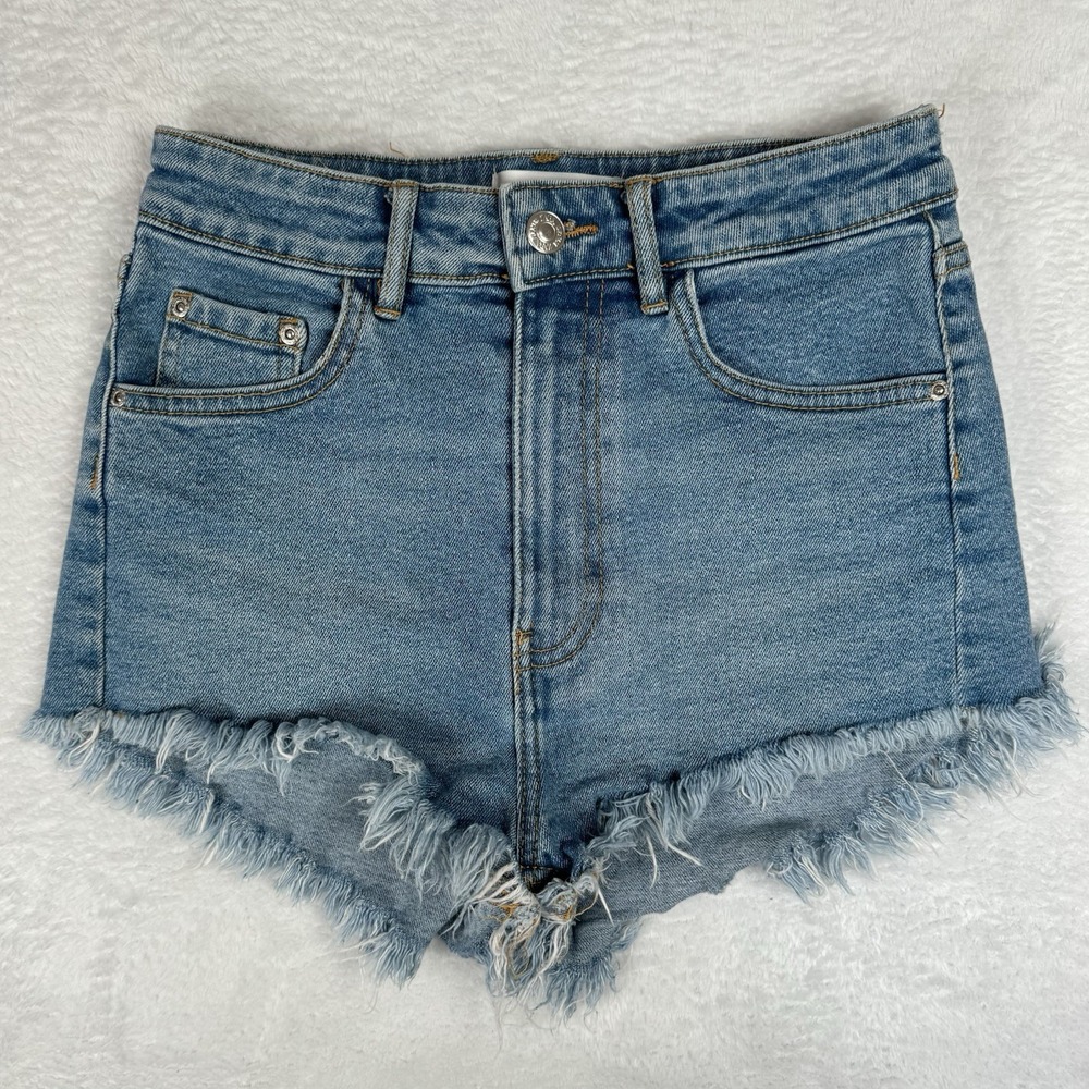 ZARA High Waist Mini Jean Shorts Size 2 Stretch‎ Booty Cheeky Denim Fringe Sexy